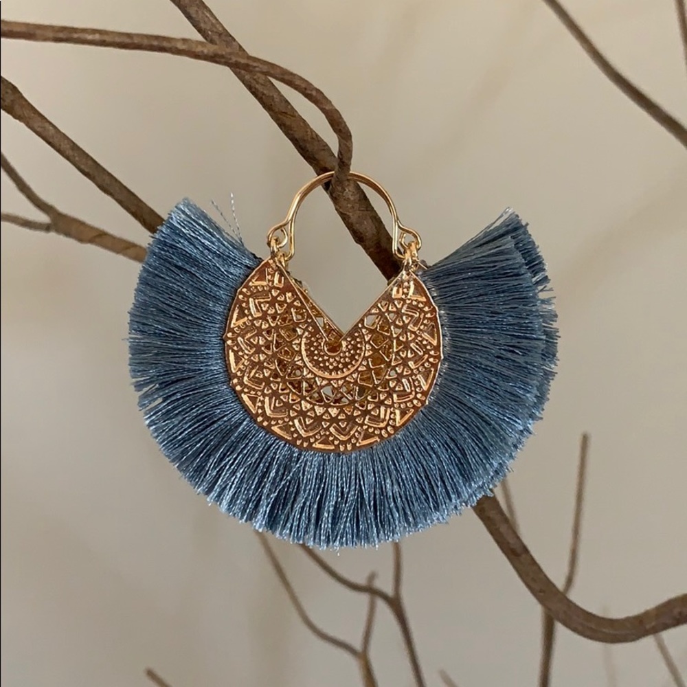 Blue Fan Fringe Earrings - Picture 3 of 4